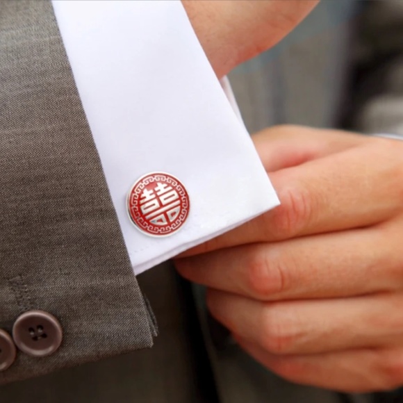 Chinese groom double happiness round cufflinks cufflink Groomsmen wedding gift - Picture 3 of 8